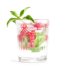 Glass of fresh raspberry lemonade with mint on white background