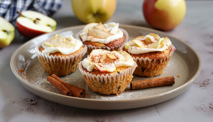 Apple cupcakes with cream cheese frosting decorated with dried apple slices and cinnamon powder. Autumn festive dessert. Homemade tasty pastry on ceramic cake plate. Close up food.
