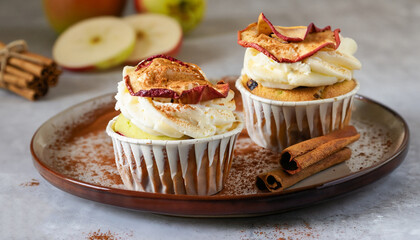 Apple cupcakes with cream cheese frosting decorated with dried apple slices and cinnamon powder. Autumn festive dessert. Homemade tasty pastry on ceramic cake plate. Close up food.