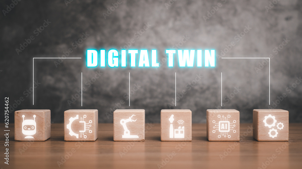 Poster digital twin business and industrial process modelling, wooden block on desk with digital twin icon 