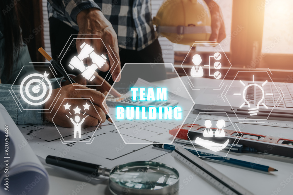 Poster team building concept, construction team worker working in office with team building icon on virtual