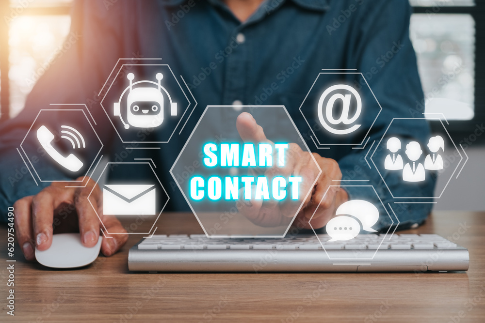 Poster smart contact concept, person using computer and hand touching smart contact icon on virtual screen.