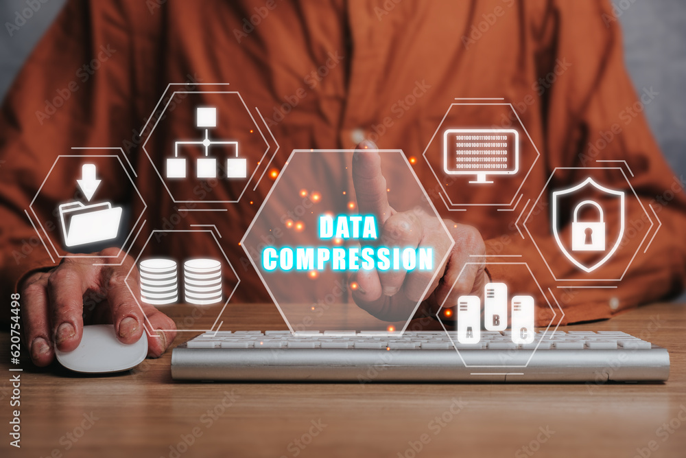 Fototapete data compression concept, person typing on keyboard computer and hand touching data compression icon