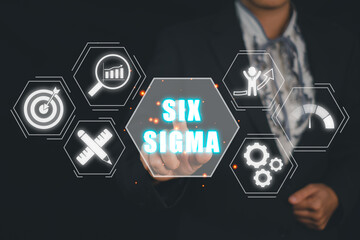 Six sigma concept, Business person hand touching six sigma icon on virtual screen. - obrazy, fototapety, plakaty
