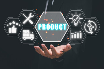 Product concept, Businessman hand holding product icon on virtual screen.