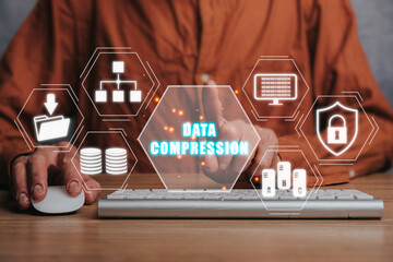 Data compression concept, Person typing on keyboard computer and hand touching data compression...