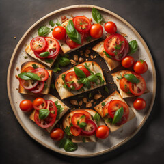 n appetizing platter of bruschetta, featuring slices of crusty bread toasted to perfection, topped with juicy tomatoes, fragrant basil, drizzled with balsamic glaze