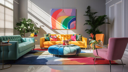 Bold and Bright Living Room Decor for Vibrant Interiors. Generative Ai