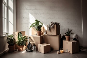 Image of moving day with boxes, plants and items against white brick wall. Generative AI