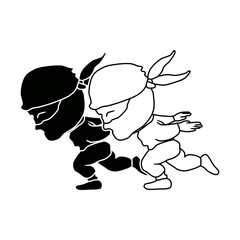 silhouette and line art illustration of two little ninjas running fast