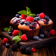muffins with chocolate and berries on a wooden board in a dark background