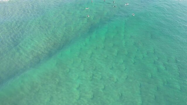 Surfers Floating In The Sea At Coolum Beach In Sunshine Coast, Queensland. aerial tilt-up reveal
