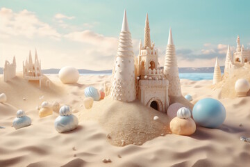 Obraz na płótnie Canvas Beach-Themed Background with Sandcastles and Seashells, Creating the Perfect Summer Vibe for a Joyful Birthday Party. Generative AI