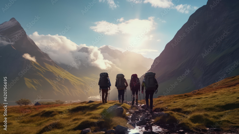 Wall mural Group of hikers walks in mountains at early morning 