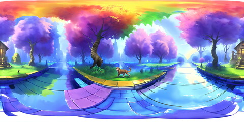 Premium portrait of a cute monkey rainbow in the sky with clouds | painting of a colorful landscape with a river and a house, melting into vulpix, still of rainbow ophanim, panorama shot.t.