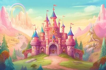 A fairy tale castle scene with knights and dragons for a children's birthday party,. Generative AI