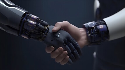 Naklejka premium A Symbolic Handshake Between Man and AI, Illustrating the Harmony of Human-Technology Collaboration. Generative AI
