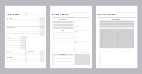 3 set of Daily, Weekly, Monthly Planner template. Make your day more easily and happy. Vector Print template.