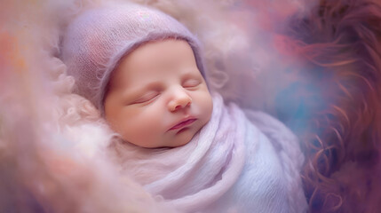 Sleeping newborn, smile baby, pastel violet background
