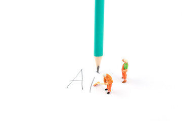 Miniature creative pencil writing AI artificial intelligence