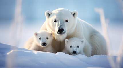 Obraz na płótnie Canvas Arctic Harmony: Polar Bear and its Cubs in the Snow. Generative AI