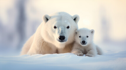 Obraz na płótnie Canvas Arctic Harmony: Polar Bear and its Cubs in the Snow. Generative AI