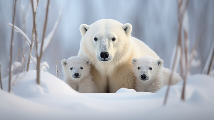 Fototapeta na wymiar Arctic Harmony: Polar Bear and its Cubs in the Snow. Generative AI