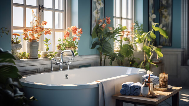 Serene Bathroom Oasis with Vibrant Decor and Accessories. Generative Ai