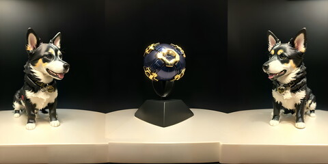 there are two dogs and one premium  soccer ball that are sitting on a display, dark blue spheres fly around, panorama shot, inlaid with gold, mandelbulber3d, inspired by Károly Brocky. 
