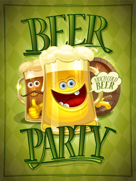 Beer Party Poster, Invitation Or Web Bannerdesign With Cartoon Happy Beer Mugs