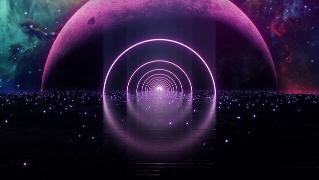 Neon Reflection VJ  Universal Background Loop. 3D rendering. Travel passing neon nebula on light bridge with reflection go to deep background seamless loop.