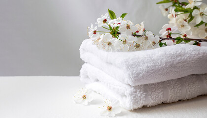 Fototapeta na wymiar White fluffy bath towels with branch flowering cherry on white background. Spa and bodycare concept. Spa composition . Copy space