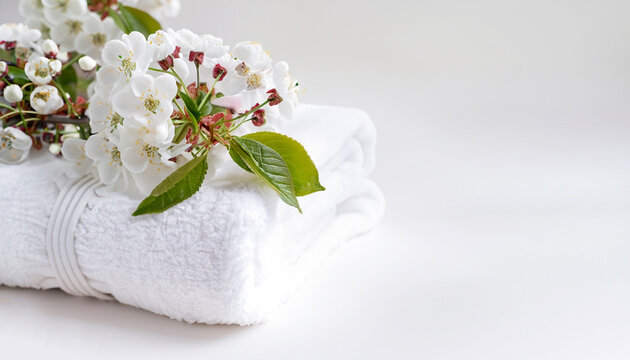 White fluffy bath towels with branch flowering cherry on white background. Spa and bodycare concept. Spa composition . Copy space