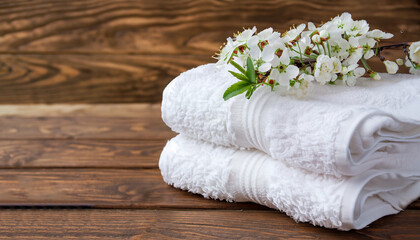 Obraz na płótnie Canvas White fluffy bath towels with branch flowering cherry on wooden background. Spa and bodycare concept. Spa composition . Copy space