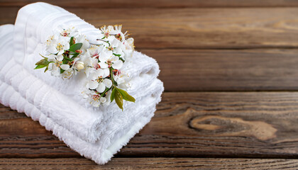 Fototapeta na wymiar White fluffy bath towels with branch flowering cherry on wooden background. Spa and bodycare concept. Spa composition . Copy space