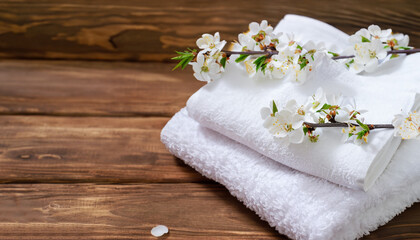 Obraz na płótnie Canvas White fluffy bath towels with branch flowering cherry on wooden background. Spa and bodycare concept. Spa composition . Copy space