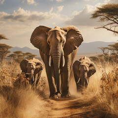 Fototapeta na wymiar Harmonious Herd: Family of Elephants Walking Together. Generative AI