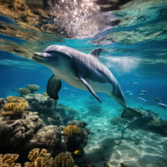 Obraz na płótnie Canvas Joyful Aquatic Companion: Happy Dolphin in the Water. Generative AI