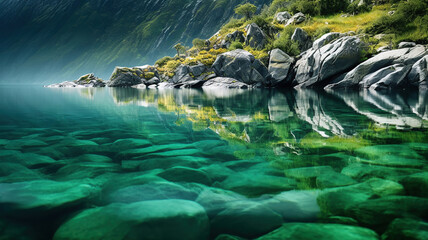 Obraz na płótnie Canvas Tranquil Reflections in the Emerald Lakes of New Zealand. Generative Ai