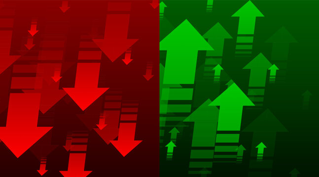 Up And Down Trend With Arrows On Dark Background. Stock Exchange Concept. Profit Or Loss Of The Trader. Uptrend Abstract Concept. A Group Of Digital Green Arrows Pointing. Vector Illustration.