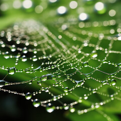 Gossamer Dew: Spiderweb Adorned with Water Droplets. Generative AI