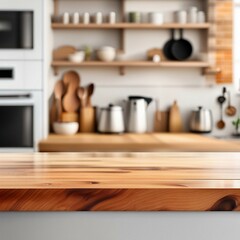 Fototapeta na wymiar Wood table top on blurred kitchen interior background