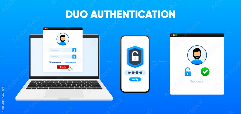 Poster duo authentication concept banner. two factor verification via laptop and phone. safety login or sig