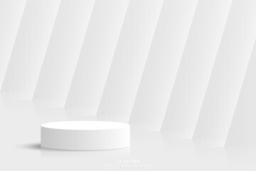 Modern minimal background with white 3d cylinder podium pedestal realistic and glowing light corridor interior background. 3d vector geometric platform design. stage for showcase. Scene for mockup.