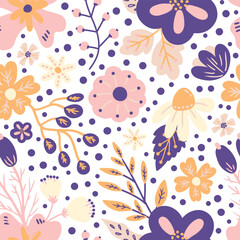Cute Retro Color Floral Illustration Seamless Pattern	