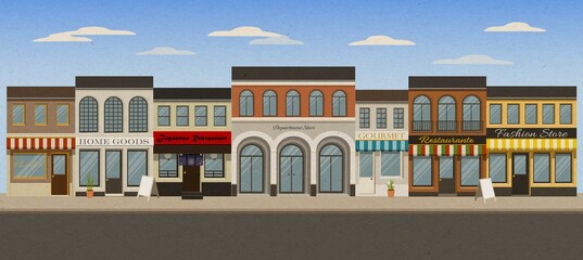 Cute vector style illustration of various high end shops and restaurant for shopping and fine dining.
