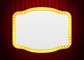 Retro lightbox template with light bulbs. Board isolated on background. Banner advertising, party, promotion and sale billboard, cinema or restaurant. Vector illustration.