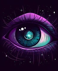 Purple and Teal Eye Close Up Dark Background Floating in Space