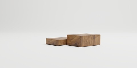 Brown wooden rectangle cube product stage podium on white background isolated. Minimal fashion theme. Geometry exhibition stage mockup concept. 3D illustration rendering graphic design