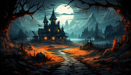 Fototapeta na wymiar Haunted house, pumpkin patch at night by full moon light